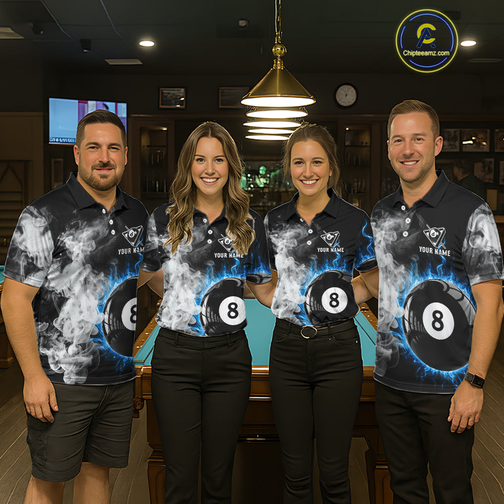 Grey Smokes Billiard Balls Shirts For Women Custom Blue Flames Ball 8 Billiard Team Jerseys NYN2303