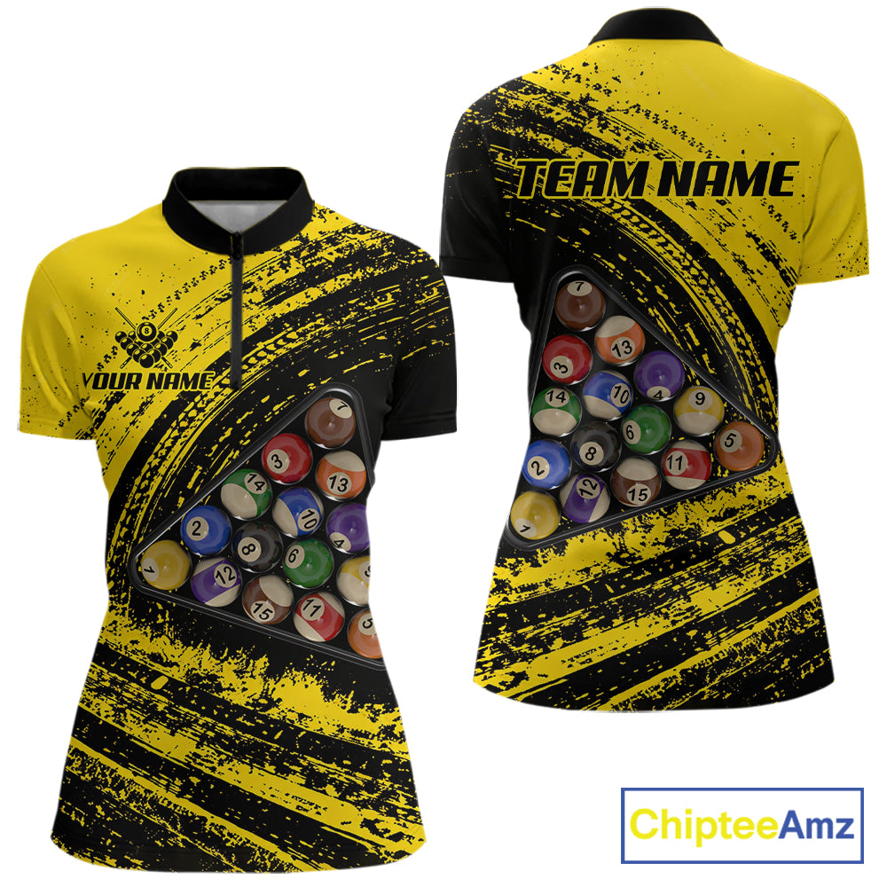 Yellow Grunge Billiard 15 Ball Pool Polo & Quarter-Zip Shirt Custom Billiard Team Attire For Women NYN2747