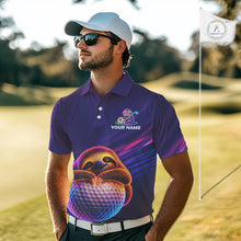 Load image into Gallery viewer, Male golfer wearing funny sloth golf polo with neon glow, perfect for golf outings, Father's Day gifts and relaxed golf lifestyle.