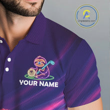 Load image into Gallery viewer, Male golfer wearing funny sloth golf polo with neon glow, perfect for golf outings, Father's Day gifts and relaxed golf lifestyle.