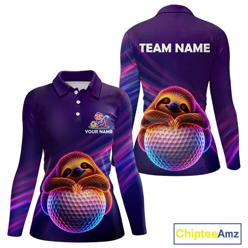 Women's golf polo with funny sloth and purple neon graphics, custom golf team shirt for tournaments, golf vacations and humorous golf lifestyle.