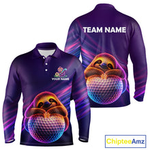 Load image into Gallery viewer, Men's funny golf polo featuring cute sloth with glowing purple neon artwork, personalized golf apparel for golf gifts, men's golf leagues, casual golfers and animal lovers, representing relaxation, humor and positive energy.