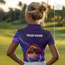 Load image into Gallery viewer, Female golfer wearing adorable sloth golf polo, unique golf apparel for ladies golf league, golf vacations and animal lovers.