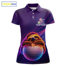 Load image into Gallery viewer, Women's golf polo with funny sloth and purple neon graphics, custom golf team shirt for tournaments, golf vacations and humorous golf lifestyle.