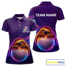 Load image into Gallery viewer, Women's golf polo with funny sloth and purple neon graphics, custom golf team shirt for tournaments, golf vacations and humorous golf lifestyle.