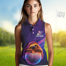 Load image into Gallery viewer, Female golfer wearing adorable sloth golf polo, unique golf apparel for ladies golf league, golf vacations and animal lovers.