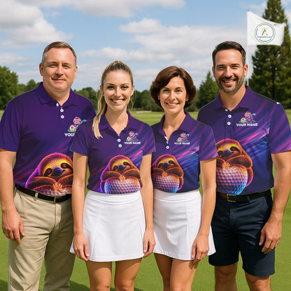 Golf team wearing matching sloth neon golf polos, fun team uniforms for golf leagues, charity golf events and friendly competitions representing positivity and teamwork.