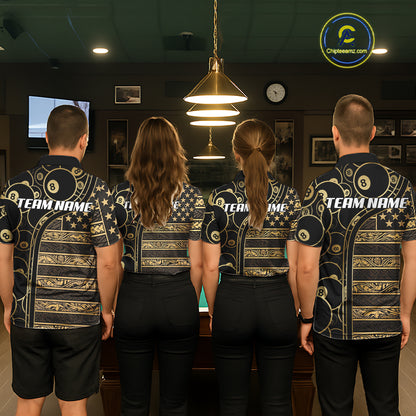 Black & Gold Tribal 8 Ball Pool Shirts Custom Women Billiard Polo & 1/4 Zip Shirt Billiard Team Jerseys NYN2970