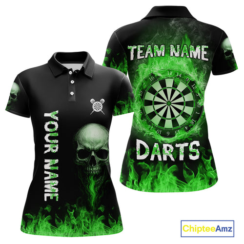 Custom Green Fire Skull Multi-Flame Dartboard Dart Women Polo Shirts, Dart Team Jerseys NYN1555