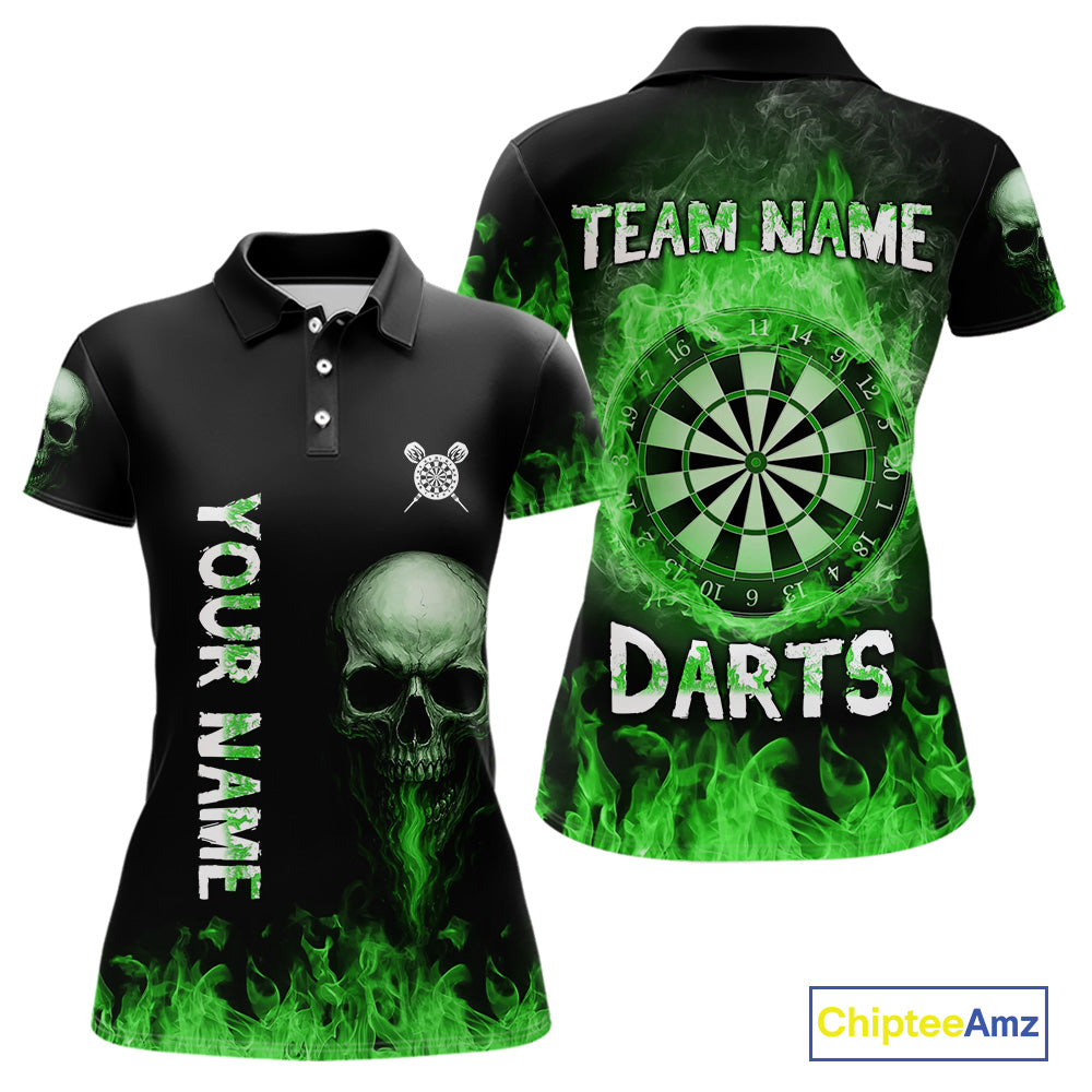 Custom Green Fire Skull Multi-Flame Dartboard Dart Women Polo Shirts, Dart Team Jerseys NYN1555