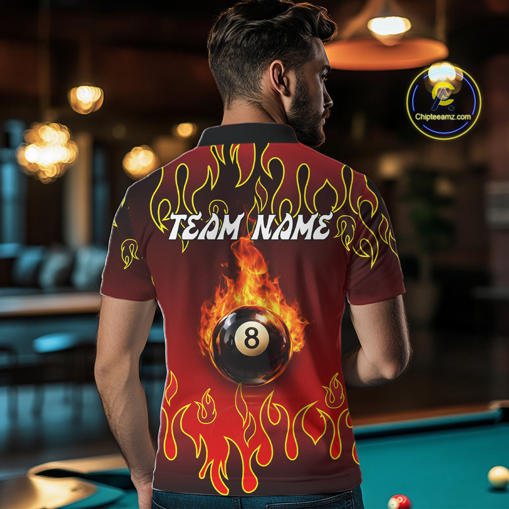 Custom Fire Flame 8 Ball Men's Billiard Shirts Personalized Billiard Attire Gifts | Red NYN2321