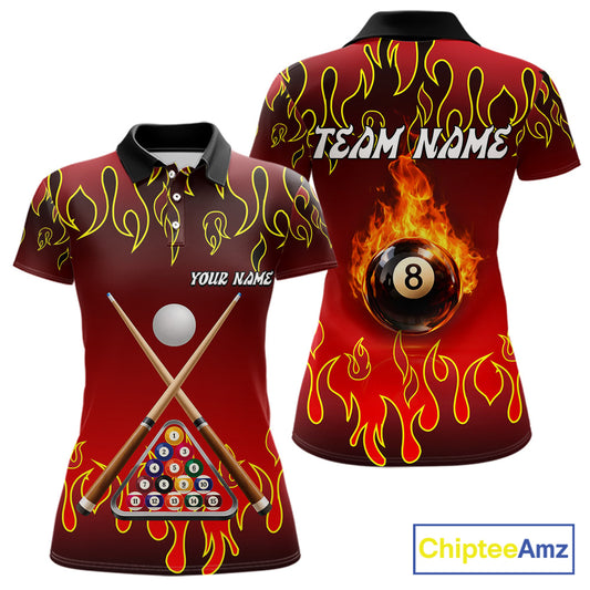 Custom Fire Flame 8 Ball Women's Billiard Shirts Personalized Billiard Attire Gifts | Red NYN2321