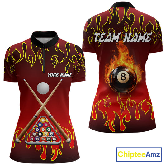 Custom Fire Flame 8 Ball Women's Billiard Shirts Personalized Billiard Attire Gifts | Red NYN2321
