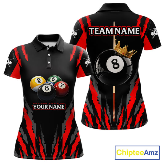 Black & Red Women's Billiard Ball Shirts Personalized Crown 8 Ball Billiard Team Attire NYN2330