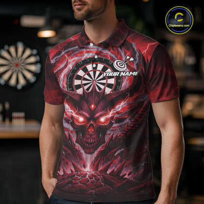 Lightning Red & Grey Dragon Skull Dartboard Custom Men Darts Polo Shirt, Dart Jerseys NYN1807