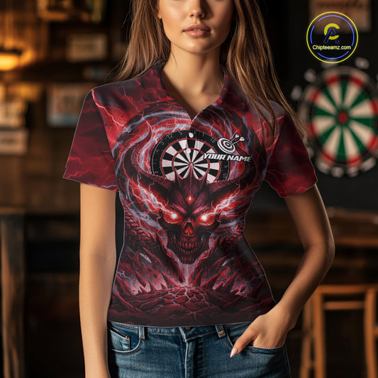 Lightning Red & Grey Dragon Skull Dartboard Custom Women Darts Polo Shirt, Dart Jerseys NYN1807