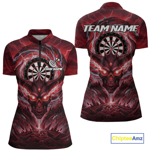 Lightning Red & Grey Dragon Skull Dartboard Custom Women Darts Quarter-Zip Shirt, Dart Jerseys NYN1807