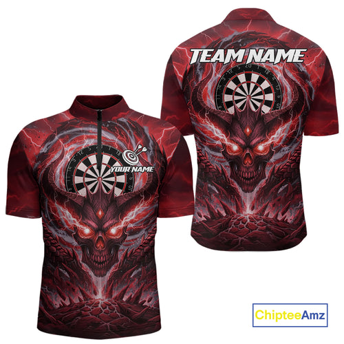 Lightning Red & Grey Dragon Skull Dartboard Custom Women Darts Quarter-Zip Shirt, Dart Jerseys NYN1807