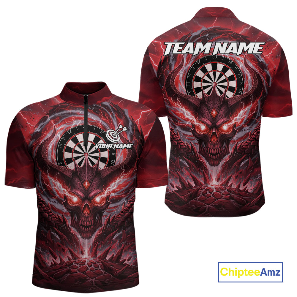 Lightning Red & Grey Dragon Skull Dartboard Custom Women Darts Quarter-Zip Shirt, Dart Jerseys NYN1807