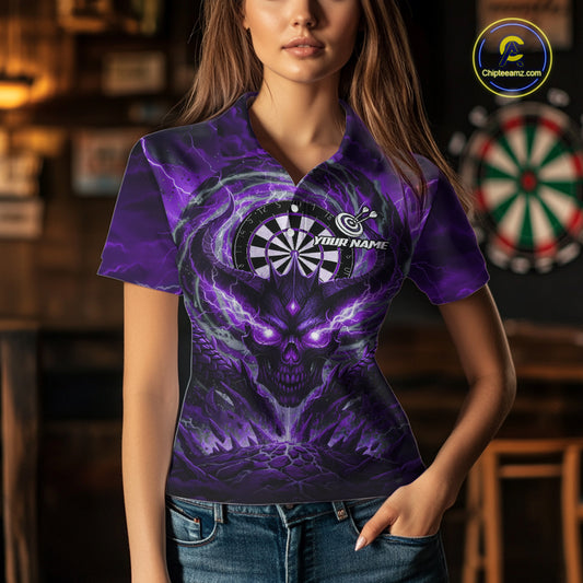 Lightning Purple & Grey Dragon Skull Dartboard Custom Women Darts Polo Shirt, Dart Jerseys NYN1809