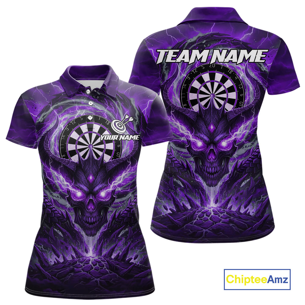 Lightning Purple & Grey Dragon Skull Dartboard Custom Women Darts Polo Shirt, Dart Jerseys NYN1809