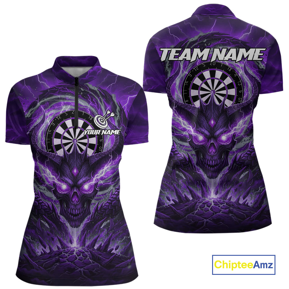 Lightning Purple & Grey Dragon Skull Dartboard Custom Women Darts Quarter-Zip Shirt, Dart Jerseys NYN1809