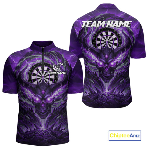 Lightning Purple & Grey Dragon Skull Dartboard Custom Men Darts Quarter-Zip Shirt, Dart Jerseys NYN1809