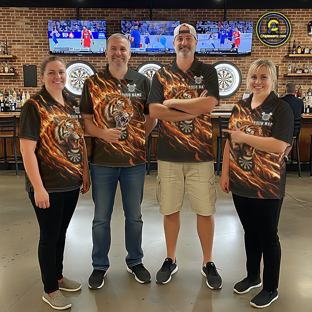 Orange Flaming Tiger Funny Darts Custom Women's Dart Polo Shirts Team Dart League Jerseys NYN2076