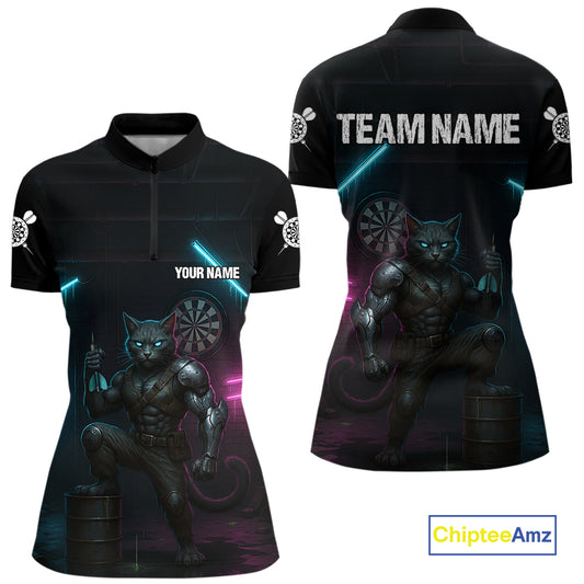 Funny Horror Cat Plays Dart Arrow Custom Darts Quarter-Zip Shirt For Women, Dart Team Jerseys NYN1824