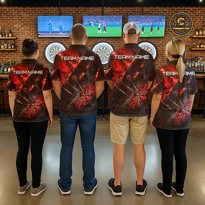 Personalized Black & Red Grunge Dartboard & Arrow Men Darts Polo Shirt Custom Dart Team Jersey NYN2618
