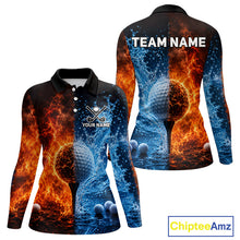 Load image into Gallery viewer, Blue water red flames womens golf polo shirt golf team outfit