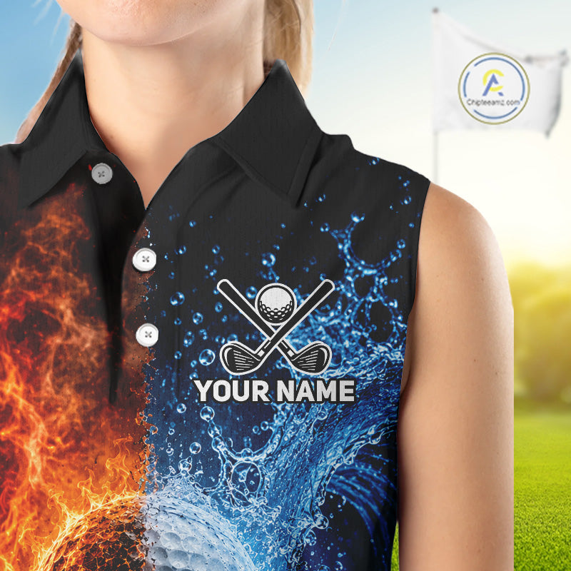 Blue water and red flames womens golf sleeveless polo shirt custom golf outfit