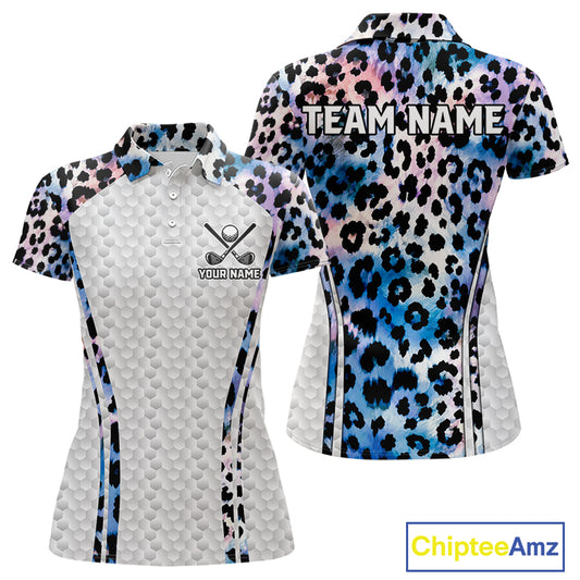 Neon blue leopard womens golf polo shirt custom golf apparel