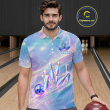 Load image into Gallery viewer, Holographic Bowling Ball &amp; Pins Shirt For Men Custom Rainbow Galaxy Polo Quarter-Zip Bowling Jersey NYN3675