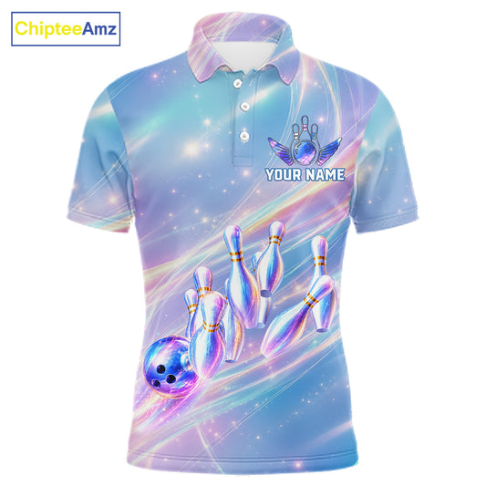 Men's bowling polo featuring holographic rainbow galaxy bowling ball and pins, personalized performance bowling apparel for galaxy art lovers, bowling leagues, tournaments and premium custom team uniforms, symbolizing imagination, innovation and limitless potential.