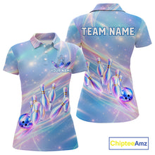 Load image into Gallery viewer, Holographic Bowling Ball &amp; Pins Shirt For Women Custom Rainbow Galaxy Polo Quarter-Zip Bowling Jersey NYN3675