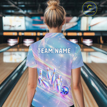 Load image into Gallery viewer, Holographic Bowling Ball &amp; Pins Shirt For Women Custom Rainbow Galaxy Polo Quarter-Zip Bowling Jersey NYN3675