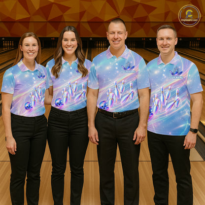 Holographic Bowling Ball & Pins Shirt For Women Custom Rainbow Galaxy Polo Quarter-Zip Bowling Jersey NYN3675