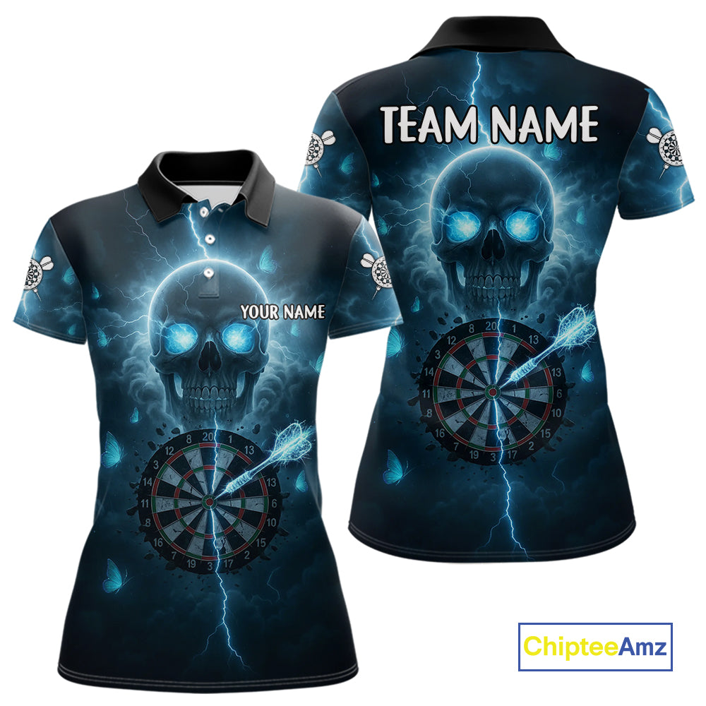 Custom Blue Skull Butterflies Lightning Dartboard Women Darts Polo Shirt, Dart Jerseys NYN1842