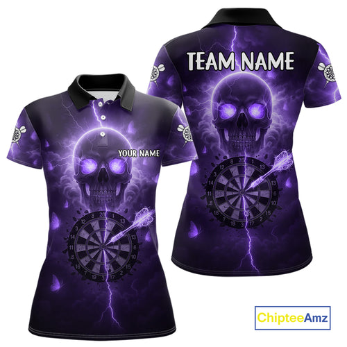 Custom Purple Skull Butterflies Lightning Dartboard Women Darts Polo Shirt, Dart Jerseys NYN1844