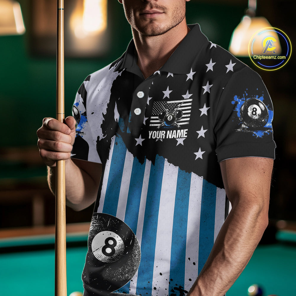 Patriotic Grunge Blue 8 Ball Men Billiard Polo & 1/4 Zip Shirt Custom Pool Billiard Jerseys NYN2358