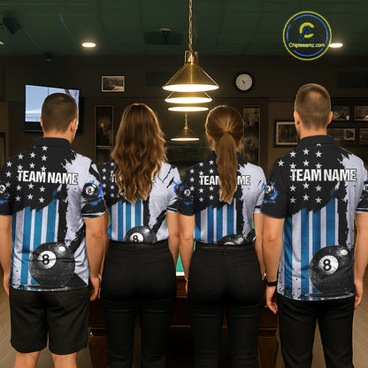 Patriotic Grunge Blue 8 Ball Women Billiard Polo & 1/4 Zip Shirt Custom Pool Billiard Jerseys NYN2358