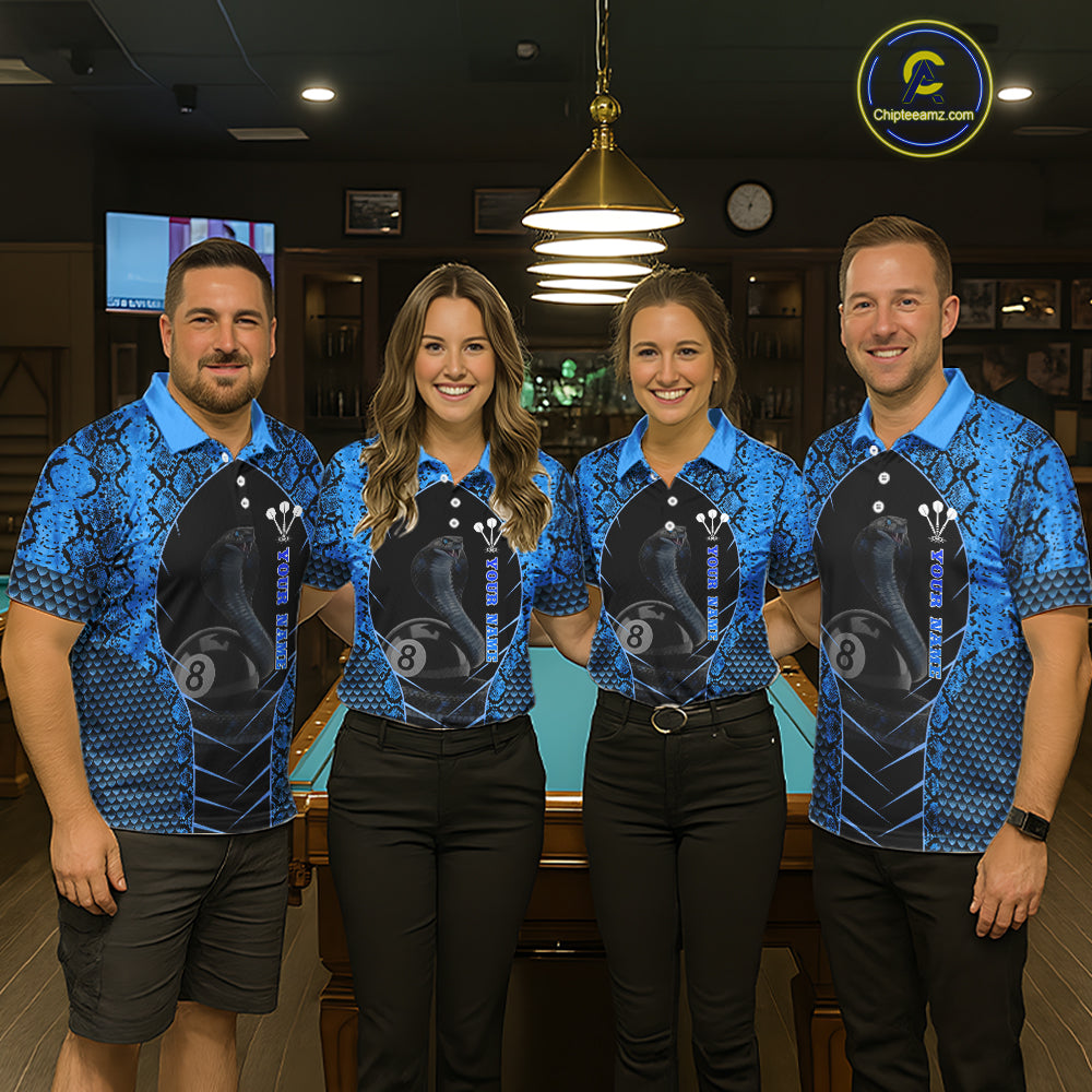 Personalized Cobra Snake Women Billiard Team Shirt Blue 8 Ball Billiard Polo & 1/4 Zip Attire NYN2365