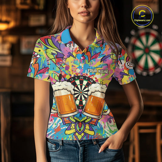 Funny Beers & Dartboard Graffiti Custom Darts Polo Shirt For Women Colorful Dart Jerseys NYN1863