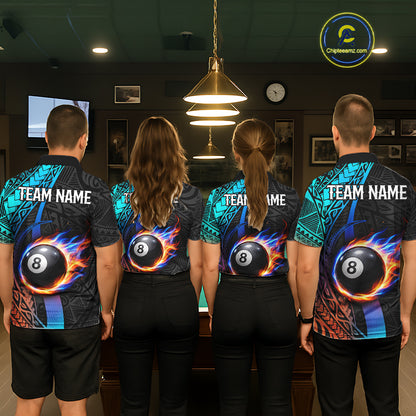 Blue And Red Flaming 8 Ball Billiard Shirt For Women Custom Tribal Pool Polo & 1/4-Zip Team Jersey NYN2987