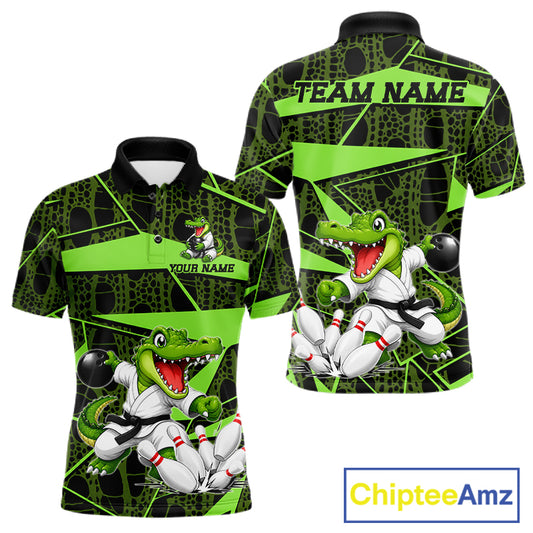 Funny Crocodile Mens Bowling Shirt Custom Green Skin Crocodile Polo Quarter-Zip Bowling Team Attire NYN3686