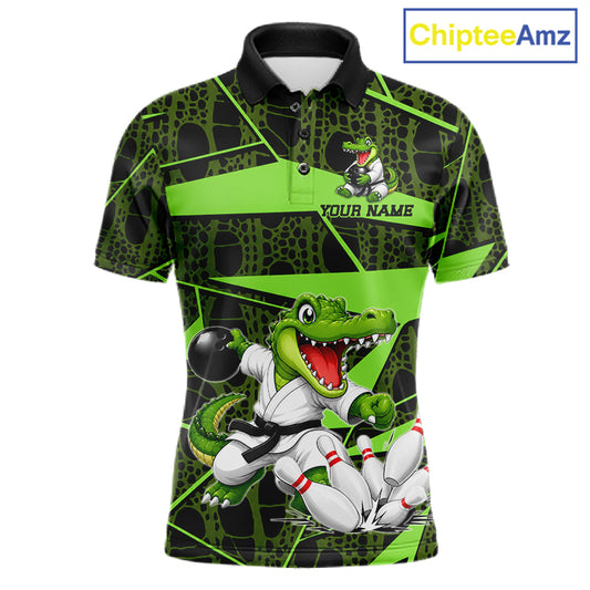 Funny Crocodile Mens Bowling Shirt Custom Green Skin Crocodile Polo Quarter-Zip Bowling Team Attire NYN3686