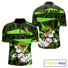 Load image into Gallery viewer, Funny Crocodile Mens Bowling Shirt Custom Green Skin Crocodile Polo Quarter-Zip Bowling Team Attire NYN3686