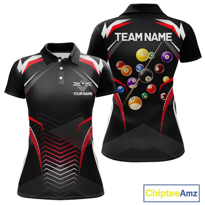 Black & Red Ball Pool Team Shirts Women's Billiard Polo & 1/4-Zip Personalized Billiard Gifts NYN2396