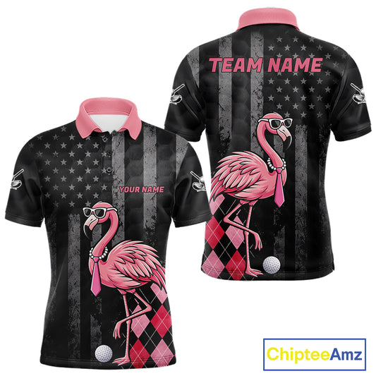 Custom Black Patriotic Golf Polo Shirts For Men, Funny Flamingo Best Golf Clothing Shirts NYN2995